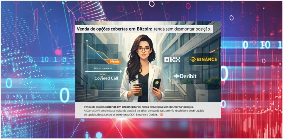 Venda de opções cobertas em Bitcoin ilustrada como estratégia de geração de renda sem desmontar posição, com a Dama DeFi ao centro em cenário moderno de arquitetura industrial, gráfico de covered call, prêmio recebido e referências às corretoras OKX, Binance e Deribit.