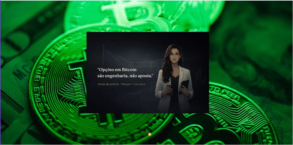 Imagem conceitual de opções em Bitcoin com fundo de moedas digitais em tom verde e hero central da DamaDeFi representando engenharia financeira, margem e venda de prêmio.