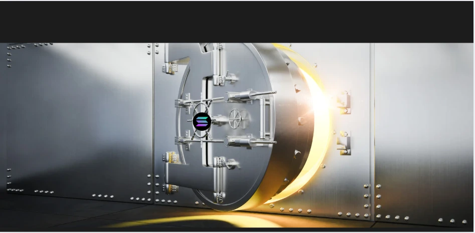 Cofre metálico futurista parcialmente aberto, com luz dourada intensa escapando do interior, simbolizando vaults em Solana, proteção de liquidez e segurança estratégica de capital on-chain.