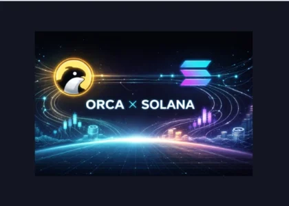 Ilustração futurista conectando o protocolo Orca ao ecossistema financeiro da Solana, com fluxos de dados luminosos, gráficos financeiros abstratos e estética minimalista representando liquidez, velocidade e eficiência no DeFi.