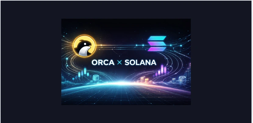 Ilustração futurista conectando o protocolo Orca ao ecossistema financeiro da Solana, com fluxos de dados luminosos, gráficos financeiros abstratos e estética minimalista representando liquidez, velocidade e eficiência no DeFi.