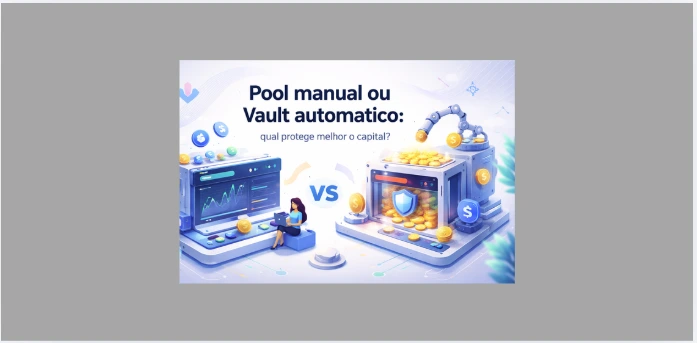 Ilustração comparativa mostrando pool manual versus vault automático no DeFi, com gestão humana analisando gráficos de liquidez de um lado e automação robótica protegendo capital em um cofre do outro, representando diferentes estratégias de proteção e crescimento em Solana.