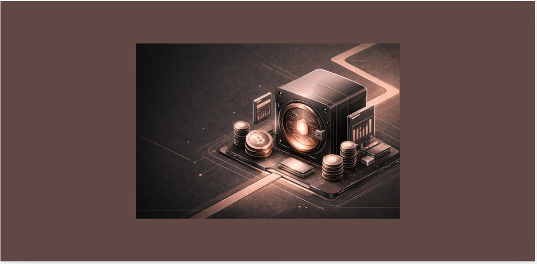 Ilustração 3D minimalista de um cofre digital em tom grafite com iluminação em dourado rosé, cercado por moedas e elementos financeiros sobre uma base tecnológica, representando vaults DeFi e renda passiva no ecossistema Solana.