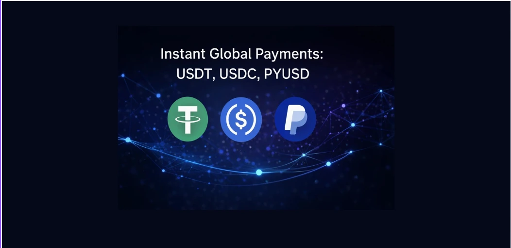 Minimalist futuristic banner showing USDT, USDC, and PYUSD logos connected by blockchain network lines representing instant global stablecoin payments as an alternative to SWIFT.