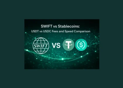 Futuristic green digital banner comparing SWIFT and stablecoins, featuring SWIFT logo versus USDT and USDC symbols, representing international transfer fees and blockchain payment speed comparison.