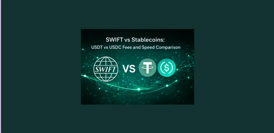 Futuristic green digital banner comparing SWIFT and stablecoins, featuring SWIFT logo versus USDT and USDC symbols, representing international transfer fees and blockchain payment speed comparison.