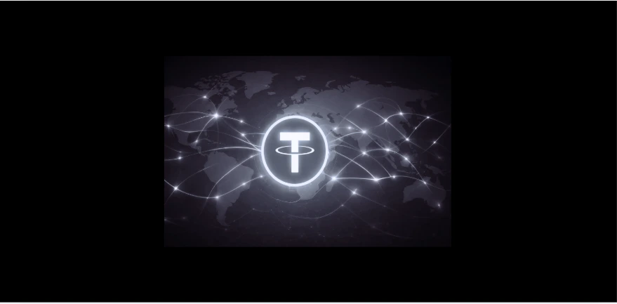 Glowing USDT symbol centered over a dark world map with interconnected digital lines representing instant global stablecoin payments.