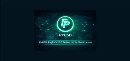 PYUSD stablecoin logo centered on a digital global network background representing PayPal USD for cross-border remittances and instant blockchain payments.