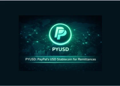 PYUSD stablecoin logo centered on a digital global network background representing PayPal USD for cross-border remittances and instant blockchain payments.
