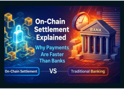 On-chain settlement vs traditional banking illustration showing blockchain network and bank building with clock representing faster crypto payments
