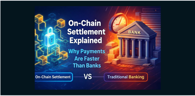 On-chain settlement vs traditional banking illustration showing blockchain network and bank building with clock representing faster crypto payments