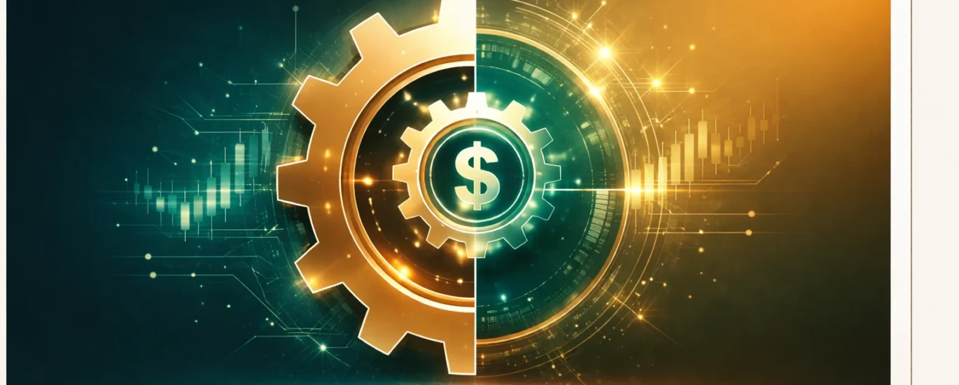 Ilustração elegante de engrenagem financeira simbolizando vaults automatizados e cofre em stablecoins, com elemento central de valor monetário, fundo moderno em tons dourado e verde, representando gestão de liquidez no DeFi.