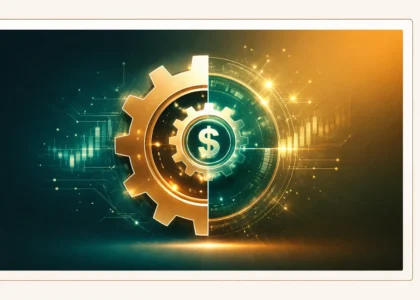 Ilustração elegante de engrenagem financeira simbolizando vaults automatizados e cofre em stablecoins, com elemento central de valor monetário, fundo moderno em tons dourado e verde, representando gestão de liquidez no DeFi.