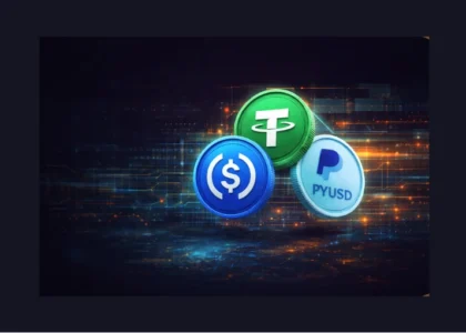 Three stablecoin symbols (USDT, USDC and PYUSD) centered on a dark digital blockchain background with safe margins and no text