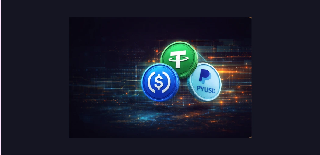 Three stablecoin symbols (USDT, USDC and PYUSD) centered on a dark digital blockchain background with safe margins and no text