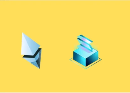 Ethereum and Solana logos on a yellow background symbolizing blockchain comparison for stablecoin payments