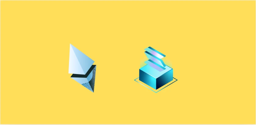 Ethereum and Solana logos on a yellow background symbolizing blockchain comparison for stablecoin payments