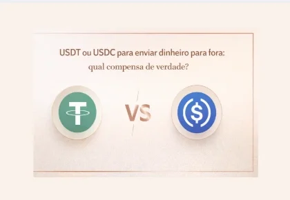 Comparação entre USDT e USDC em fundo minimalista rose gold elegante, simbolizando remessas internacionais com stablecoins