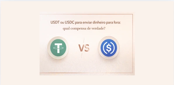 Comparação entre USDT e USDC em fundo minimalista rose gold elegante, simbolizando remessas internacionais com stablecoins