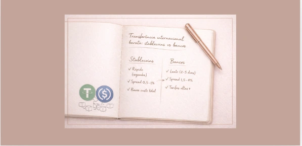 Caderno minimalista estilo diário elegante com comparação entre stablecoins on-chain e bancos para transferência internacional