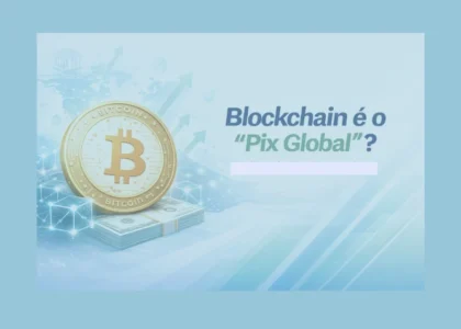 Blockchain payments concept comparing global blockchain transfers with Pix style instant payments using Bitcoin and digital dollar imagery