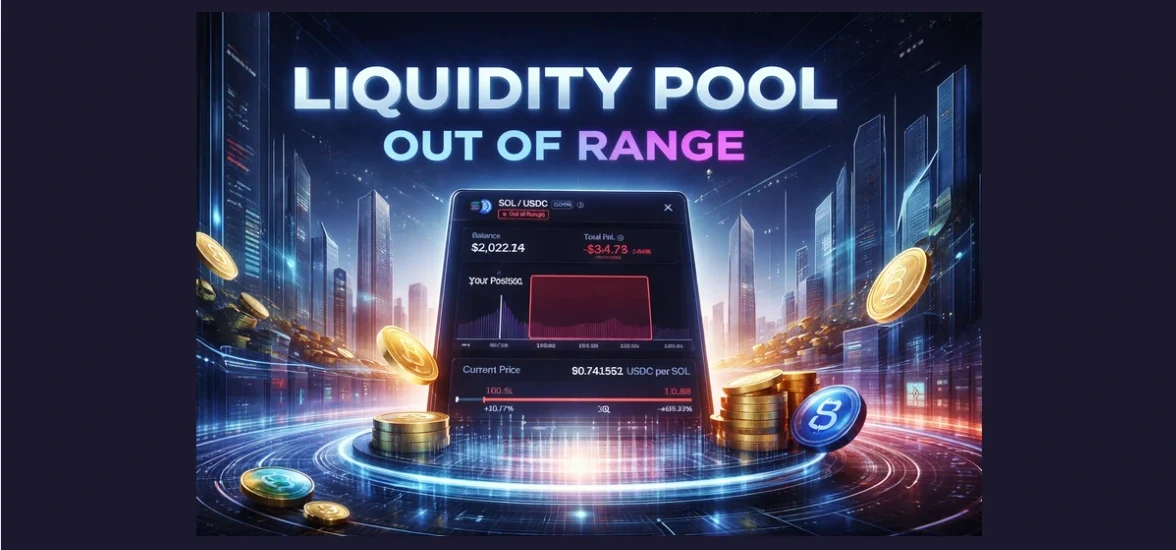 ilustração futurista de arquitetura financeira mostrando dashboard de pool de liquidez fora do range com moedas cripto e gráficos representando estratégia de liquidity pool em DeFi