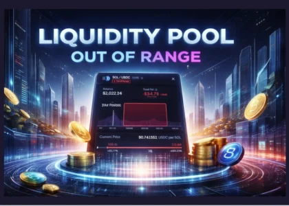 ilustração futurista de arquitetura financeira mostrando dashboard de pool de liquidez fora do range com moedas cripto e gráficos representando estratégia de liquidity pool em DeFi