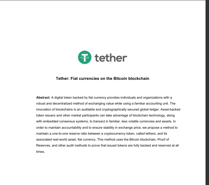 Tether USDT whitepaper fiat currencies on the bitcoin blockchain abstract