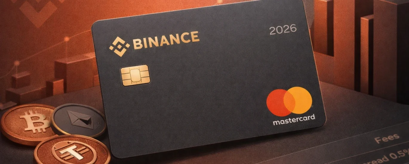 binance crypto debit card 2026 mastercard crypto payment card with bitcoin ethereum and usdt coins terracotta and matte gray fintech background