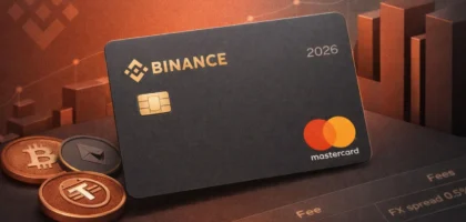 binance crypto debit card 2026 mastercard crypto payment card with bitcoin ethereum and usdt coins terracotta and matte gray fintech background