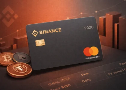 binance crypto debit card 2026 mastercard crypto payment card with bitcoin ethereum and usdt coins terracotta and matte gray fintech background