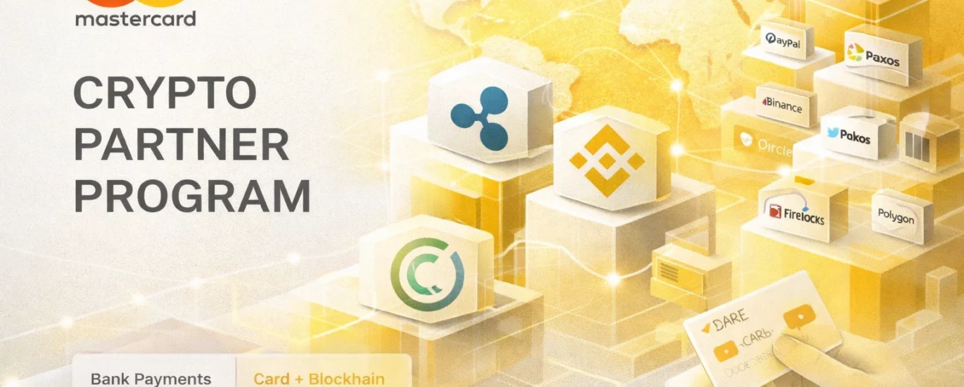 mastercard crypto partner program illustration blockchain payment networks stablecoins and crypto debit cards yellow and ice white fintech background