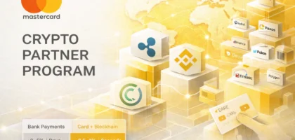 mastercard crypto partner program illustration blockchain payment networks stablecoins and crypto debit cards yellow and ice white fintech background