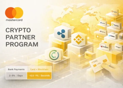 mastercard crypto partner program illustration blockchain payment networks stablecoins and crypto debit cards yellow and ice white fintech background