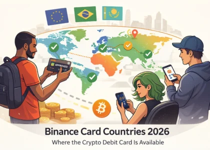 Binance card countries 2026 world map crypto debit card availability Europe Brazil supported regions Bitcoin payment illustration