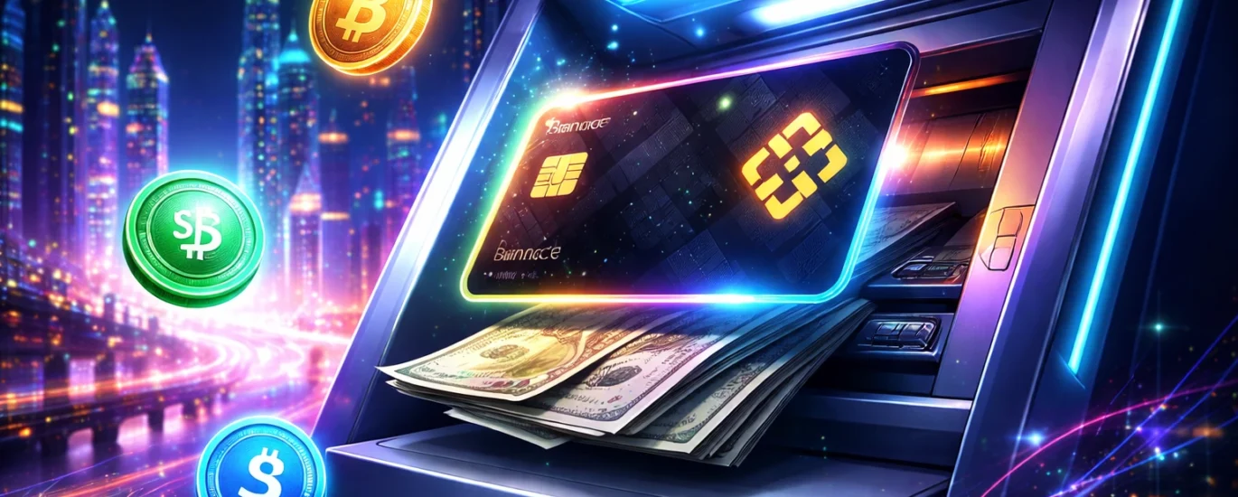 futuristic crypto ATM withdrawal scene with Binance-style debit card, digital city background, floating Bitcoin and stablecoin icons, neon lights, cash emerging from ATM, cyberpunk financial technology concept