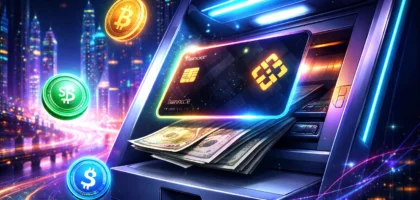 futuristic crypto ATM withdrawal scene with Binance-style debit card, digital city background, floating Bitcoin and stablecoin icons, neon lights, cash emerging from ATM, cyberpunk financial technology concept