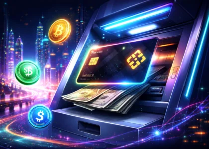 futuristic crypto ATM withdrawal scene with Binance-style debit card, digital city background, floating Bitcoin and stablecoin icons, neon lights, cash emerging from ATM, cyberpunk financial technology concept