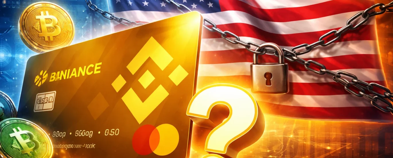 Hero image showing a Binance-style crypto card in the foreground, a large glowing question mark, and a prominent United States flag in the background wrapped with chains and a padlock, symbolizing uncertainty and restrictions around crypto cards in the U.S. in 2026.