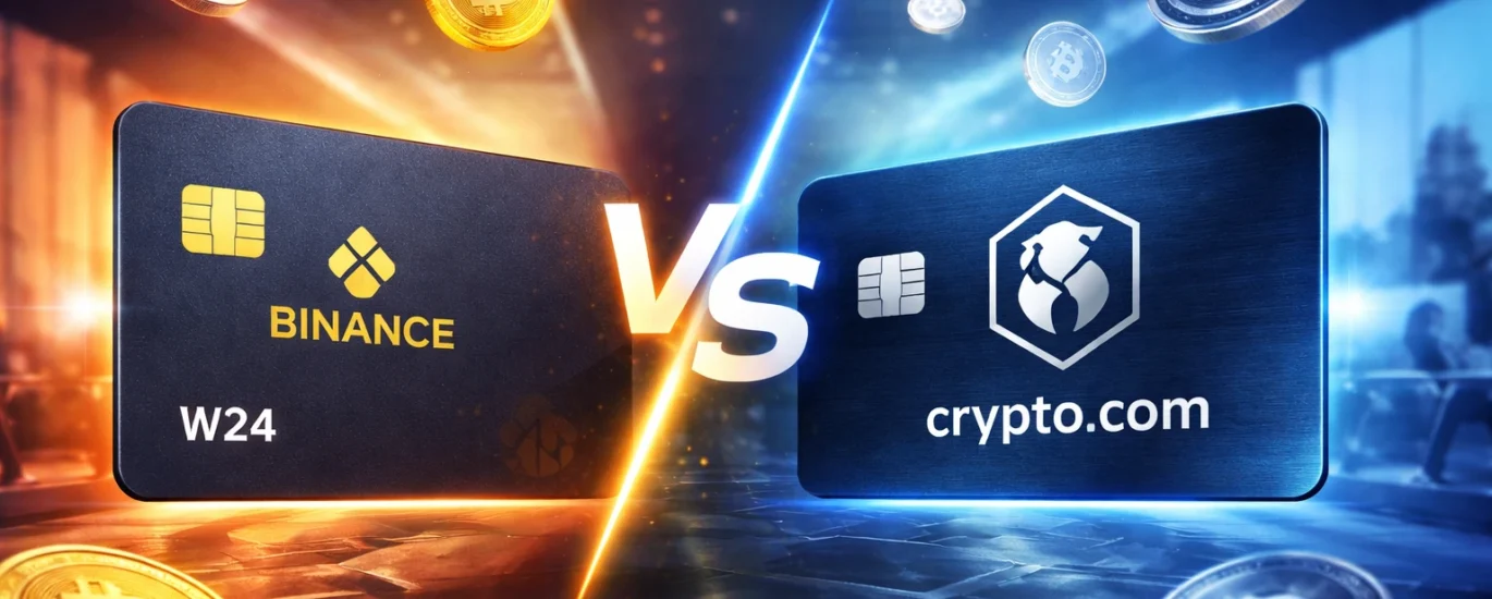 Binance Card vs Crypto.com Card comparison with crypto debit cards under neon lighting and floating Bitcoin, BNB and CRO tokens in a futuristic environment