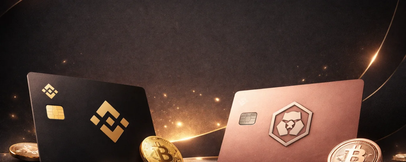 Binance Card and Crypto.com Card comparison in 2026 with rose gold and matte graphite tones, minimalist luxury crypto debit card design with Bitcoin coins