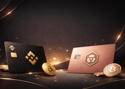 Binance Card and Crypto.com Card comparison in 2026 with rose gold and matte graphite tones, minimalist luxury crypto debit card design with Bitcoin coins