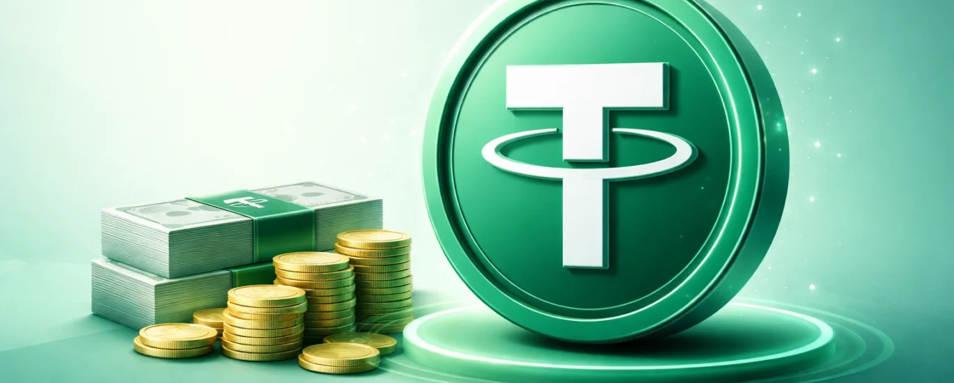 Minimalist green USDT (Tether) coin with stacks of money and coins on a soft gradient background, representing digital payments and financial transfers”