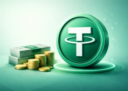 Minimalist green USDT (Tether) coin with stacks of money and coins on a soft gradient background, representing digital payments and financial transfers”