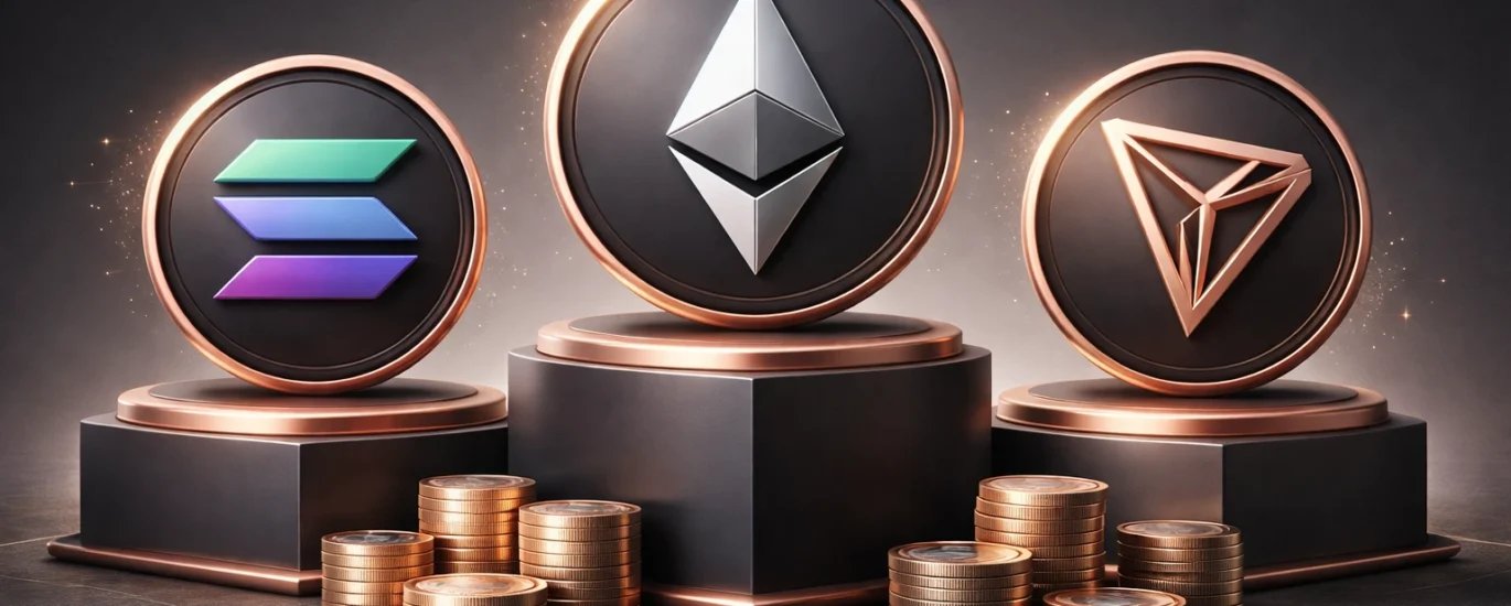 Symmetrical display of Ethereum, Tron, and Solana logos on rose gold platforms over a dark graphite background, representing USDT transfer networks”