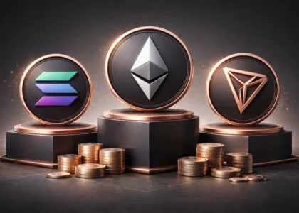 Symmetrical display of Ethereum, Tron, and Solana logos on rose gold platforms over a dark graphite background, representing USDT transfer networks”
