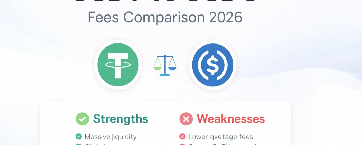 USDT vs USDC fees comparison 2026 with stablecoin icons, strengths, weaknesses and Dama DeFi score evaluation