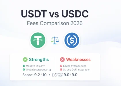 USDT vs USDC fees comparison 2026 with stablecoin icons, strengths, weaknesses and Dama DeFi score evaluation