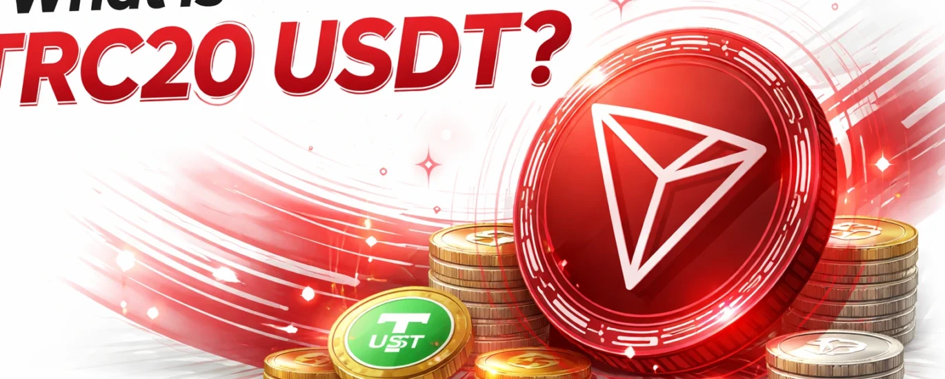 TRC20 USDT on Tron network illustrated with red Tron coin and stablecoin tokens showing low-cost crypto transfers