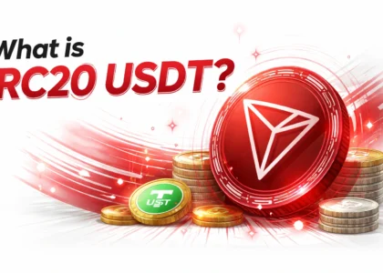 TRC20 USDT on Tron network illustrated with red Tron coin and stablecoin tokens showing low-cost crypto transfers